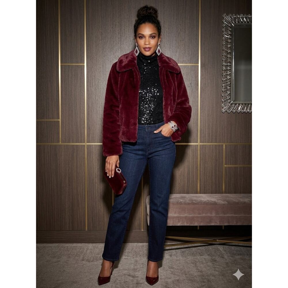 Faux Fur Coat Burgundy Mob Wife Glam Jacket Old Hollywood Womens Medium